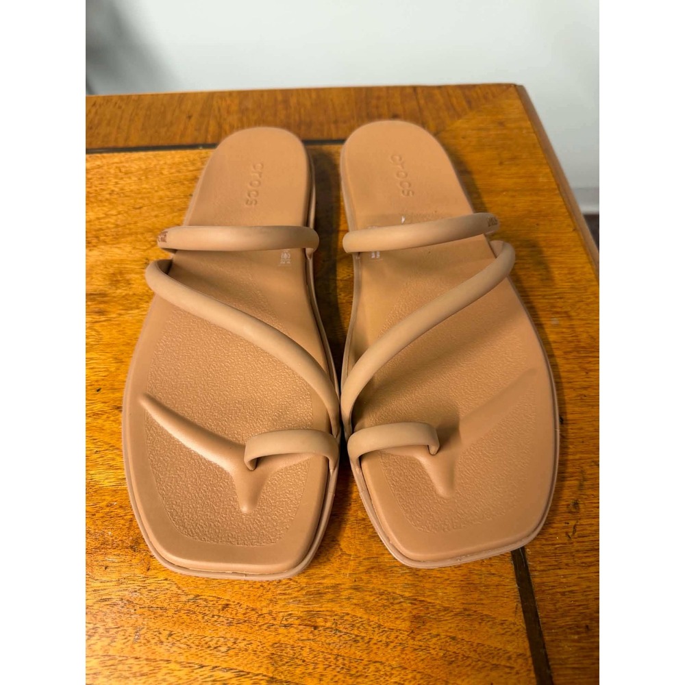 Crocs Womens 10 Tan Sandal Miami Toe Loop Strappy Flat Square Toe 206108